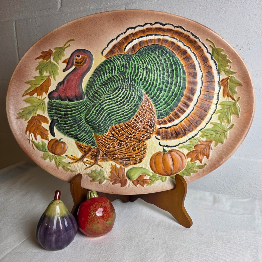 Vintage Embossed Ceramic Turkey Platter Thanksgiving Harvest Pumpkin Oval Tray